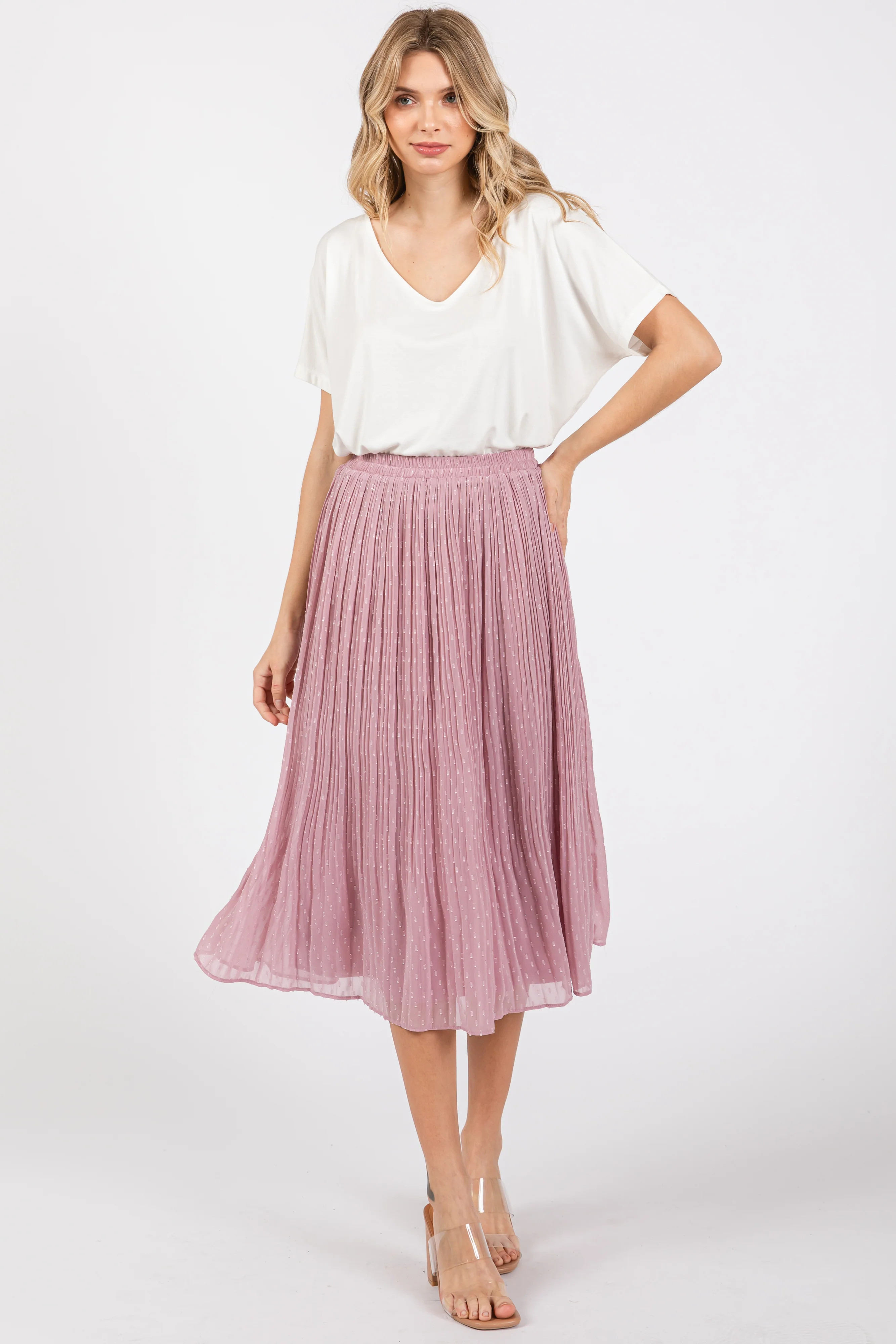 Mauve Swiss Dot Pleated Midi Skirt | PinkBlush Maternity