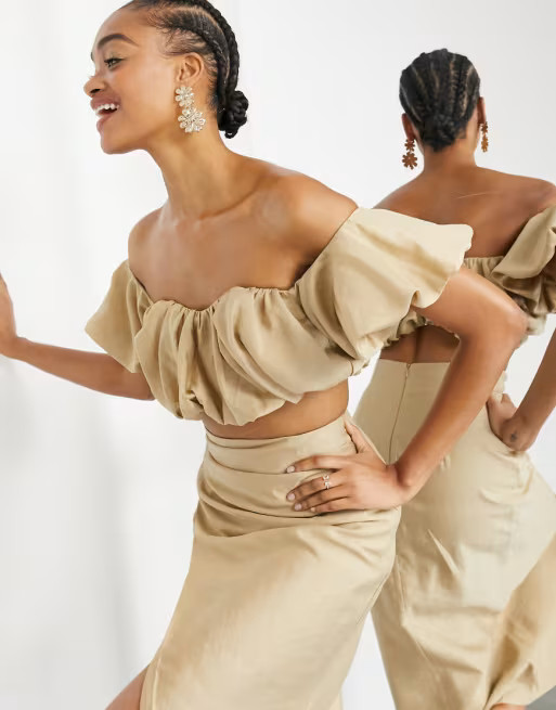 ASOS EDITION puffball off shoulder coordinating top in caramel | ASOS (Global)