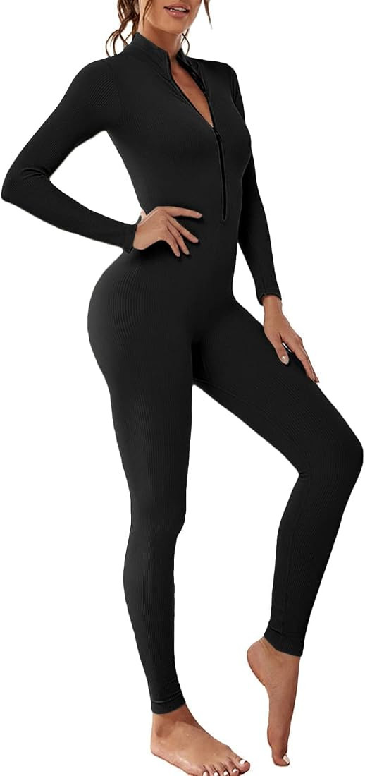 OEAK Damen Sport Jumpsuit Lang Eng Yoga Overall Langarm V-Ausschnitt Playsuits mit Reißverschlus... | Amazon (DE)