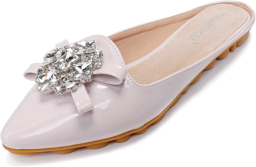 Cattle Shop Women's Flat Mules Rhinestone Pointed Toe Back Slide Open Comfort Slip on Mule Loafer Sh | Amazon (US)