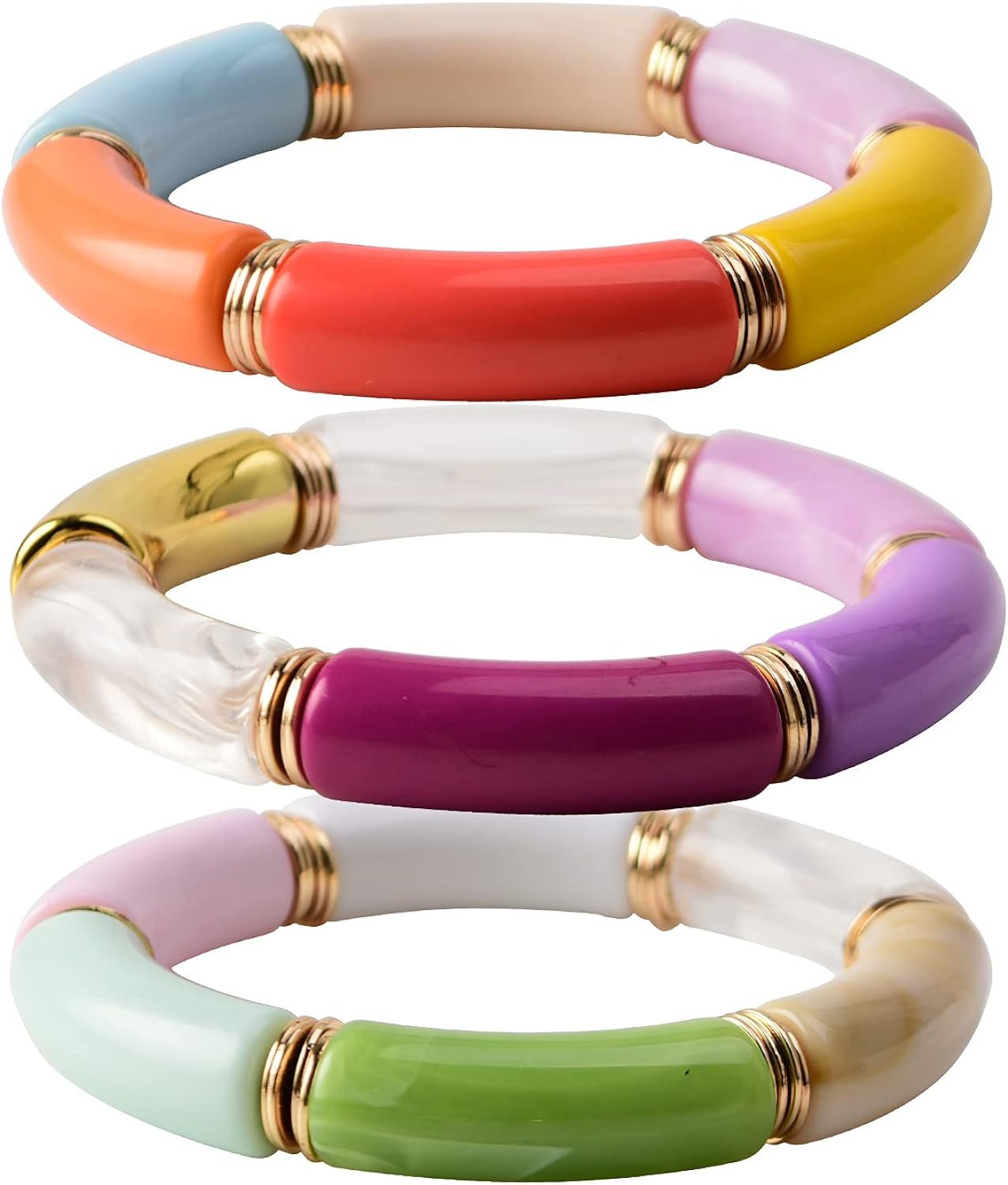 GOOJIDS Bamboo Tube Bangles Bracelet Chunky Curved Stacking Clear Acrylic Colorful Beads Stretcha... | Amazon (US)