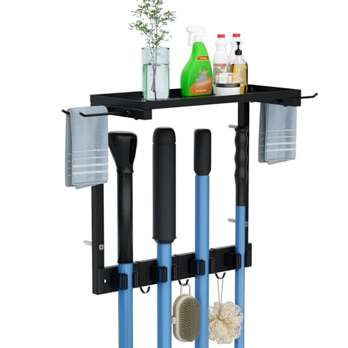 KMUZAWN Broom Holder Wall Mount with Cleaning Supplies Organizer, Laundry Room Organization and Storage Shelves, Mop Hanger Broom Rack with Hooks, Home Improvement Kitchen Shelf Garage Organizer | Amazon (US)