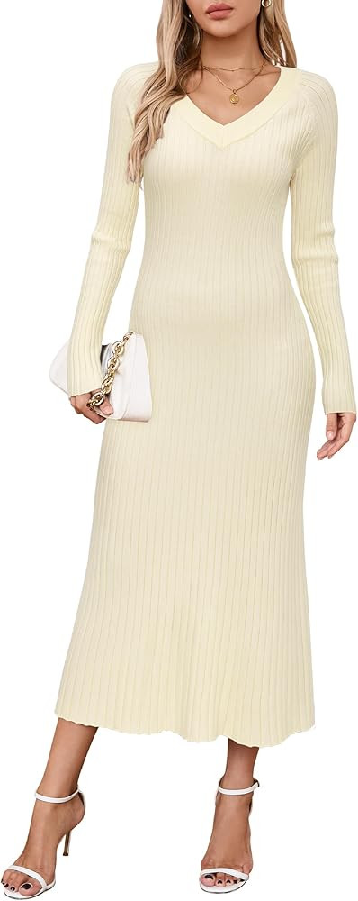 Arach&Cloz 2024 Fall Womens V Neck Long Sleeve Fishtail Sweater Dress Ribbed Knit Slim Fit Bodyco... | Amazon (US)