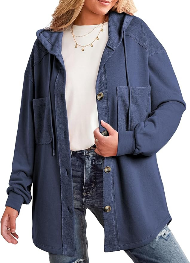 SHEWIN Womens Shacket Casual Fall Jackets Hooded Loose Long Sleeve Tops Button Down Coat | Amazon (US)
