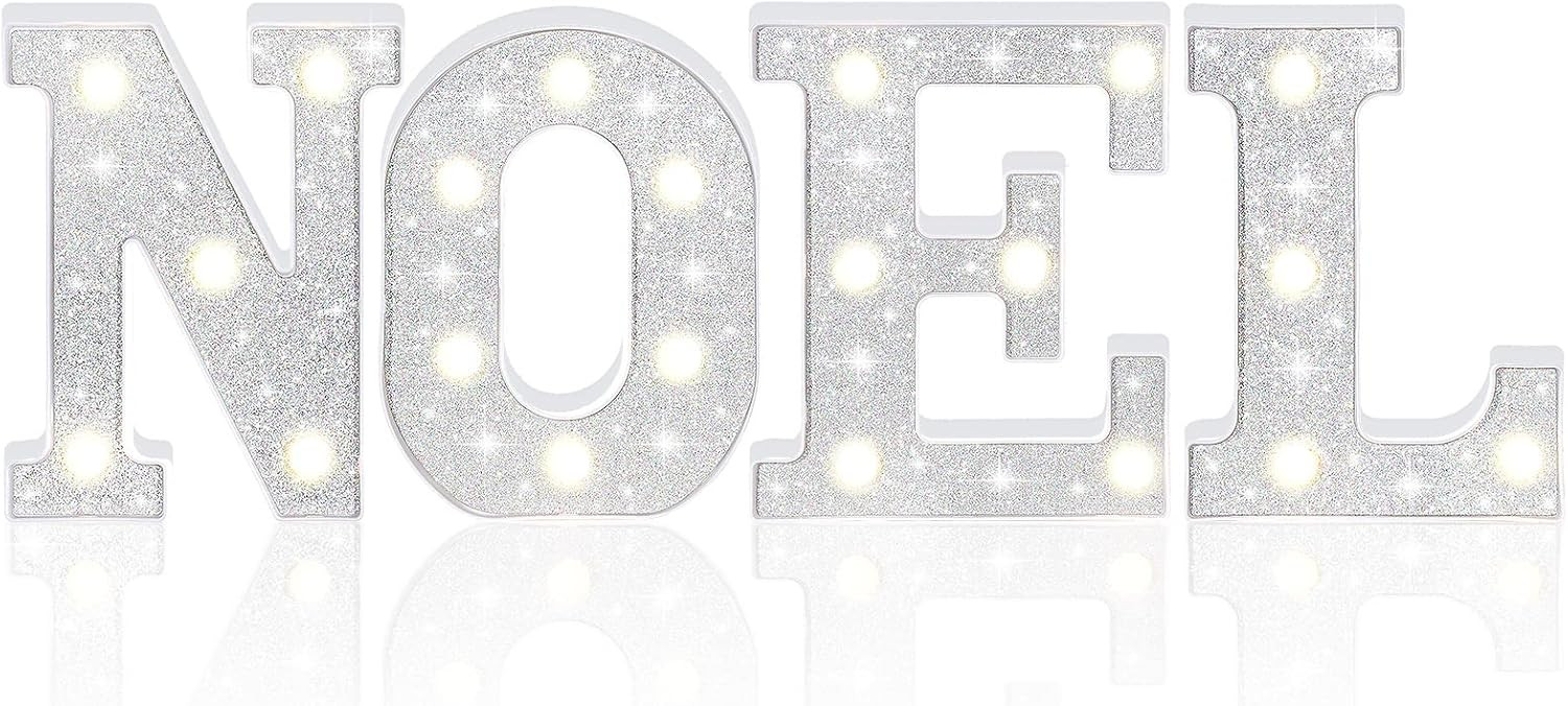 4 Pieces LED Letter Lights Noel Light up Sign Christmas Glitter Light up Letters Battery Powered ... | Amazon (US)