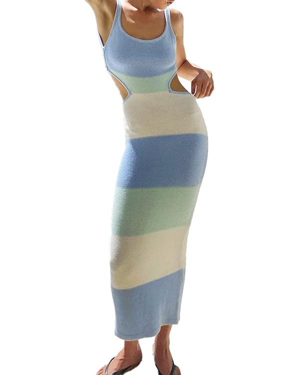 NUFIWI Women Backless Hollow Out Long Dress Sexy Knitted Maxi Dress Bodycon Spaghetti Strap Cockt... | Amazon (US)