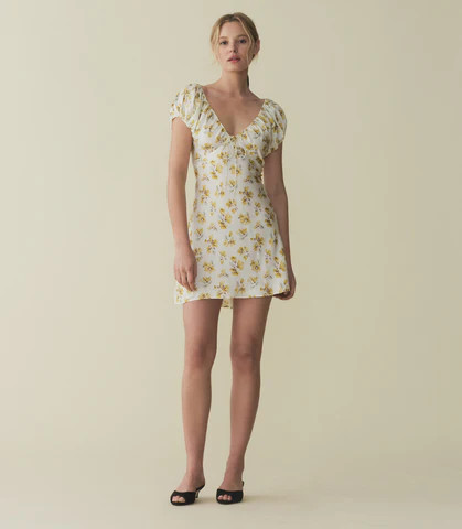 D�?EN Sera Dress -- Gold Frolicking Floral - Size - L Silk Cotton Floral Print Prairie Vintage-inspired Effortless | DOEN