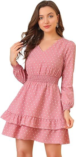 Allegra K Women's Smocked Waist Heart Print V Neck Layered A-Line Long Sleeve Ruffle Dress | Amazon (US)