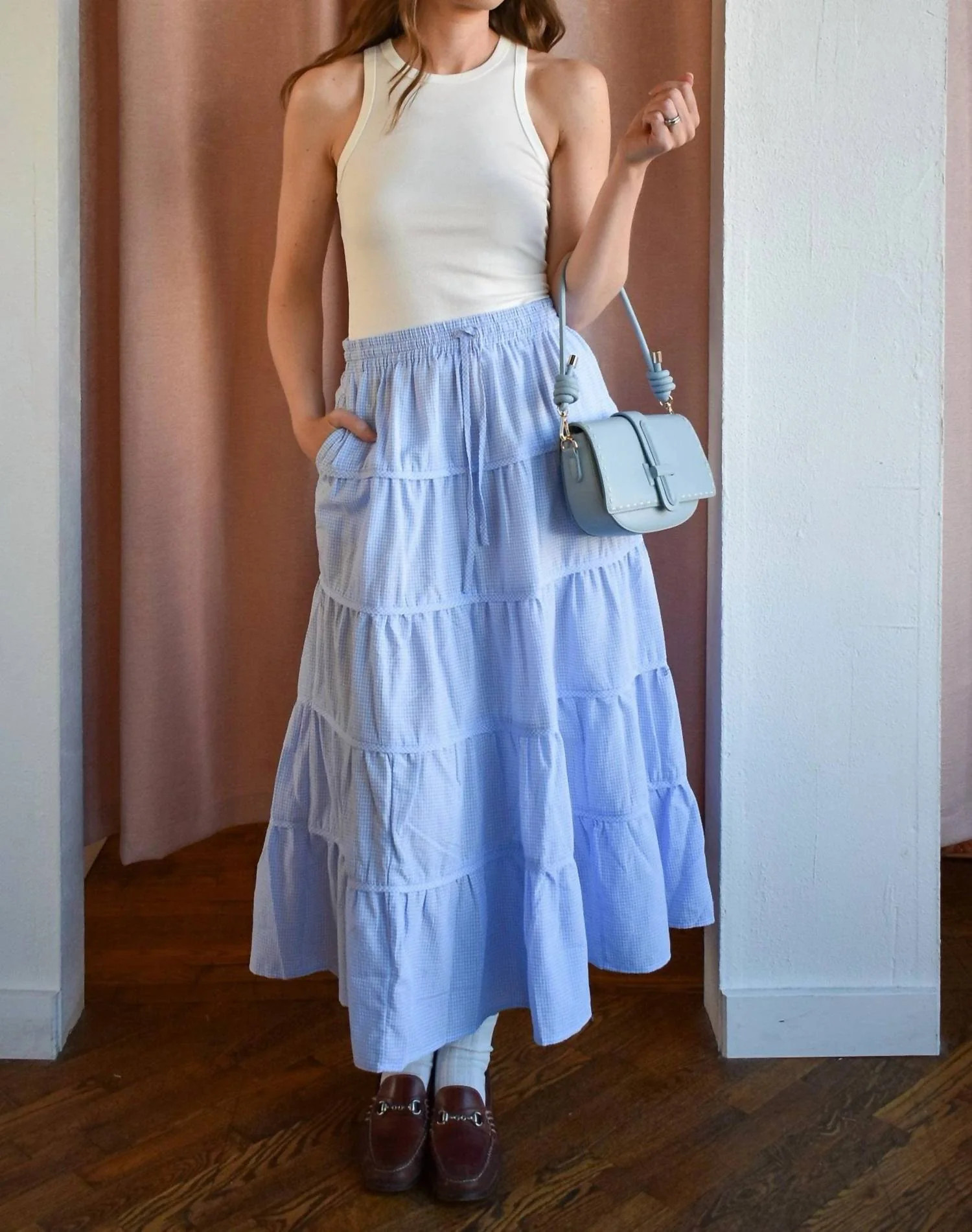 Jen Gingham Tiered Midi Skirt In Blue | Shop Simon