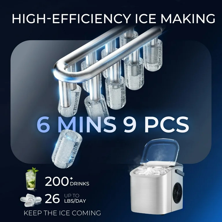 Simzlife 26 lbs/24H Countertop Ice Maker Machine, 9 Bullet-Shaped Ice in 6 Min, Auto-Cleaning | Walmart (US)