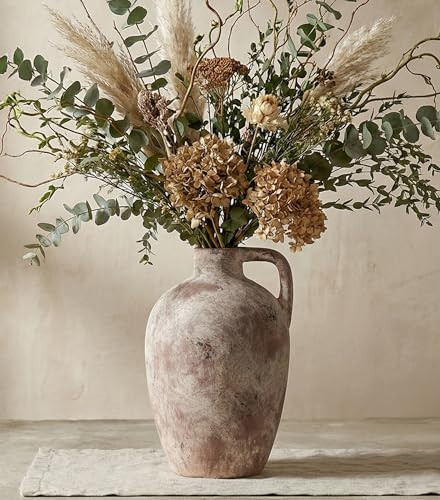 Ceramic Flower Vase with Handles,10" Neutral Tall Clay Terracotta Vases Farmhouse Table Vases with Handle Living Room Decor Rustic Pottery Pots for Home Shelf Coffee Dining Desk Fireplace | Amazon (US)