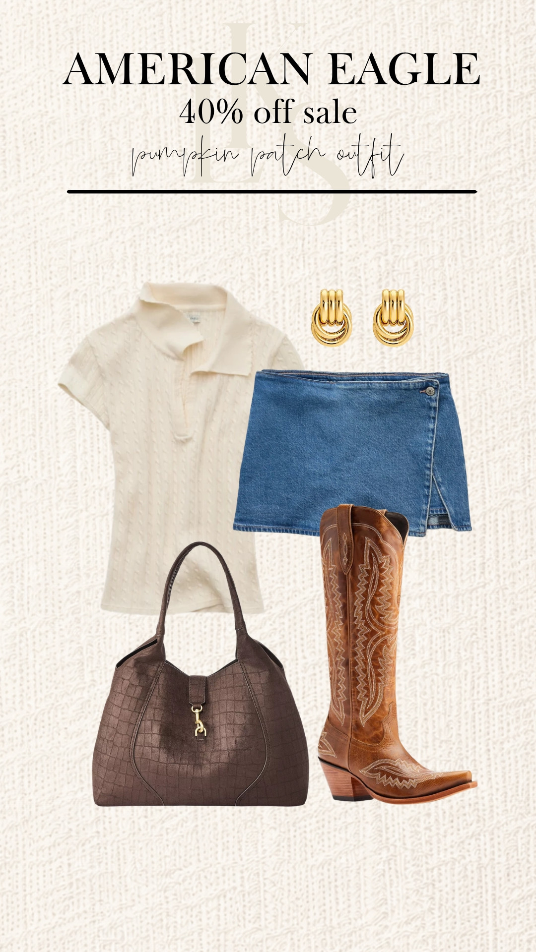 Pumpkin patch plans called for denim, boots, and a little western-inspired detail. 

This collared knit top and denim mini skirt get an autumn-ready finish with tall cowboy boots, gold hoops, and a brown tote. 

Shop American Eagle’s 40% off sale for your next fall outing look! 

 #LTKootd #LTKSeasonal #LTKSaleAlert