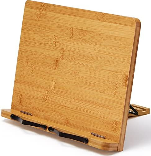 Bamboo Book Stand, Large Cookbook Holder Reading Book Holder with 5 Adjustable Height, Foldable Wood | Amazon (US)