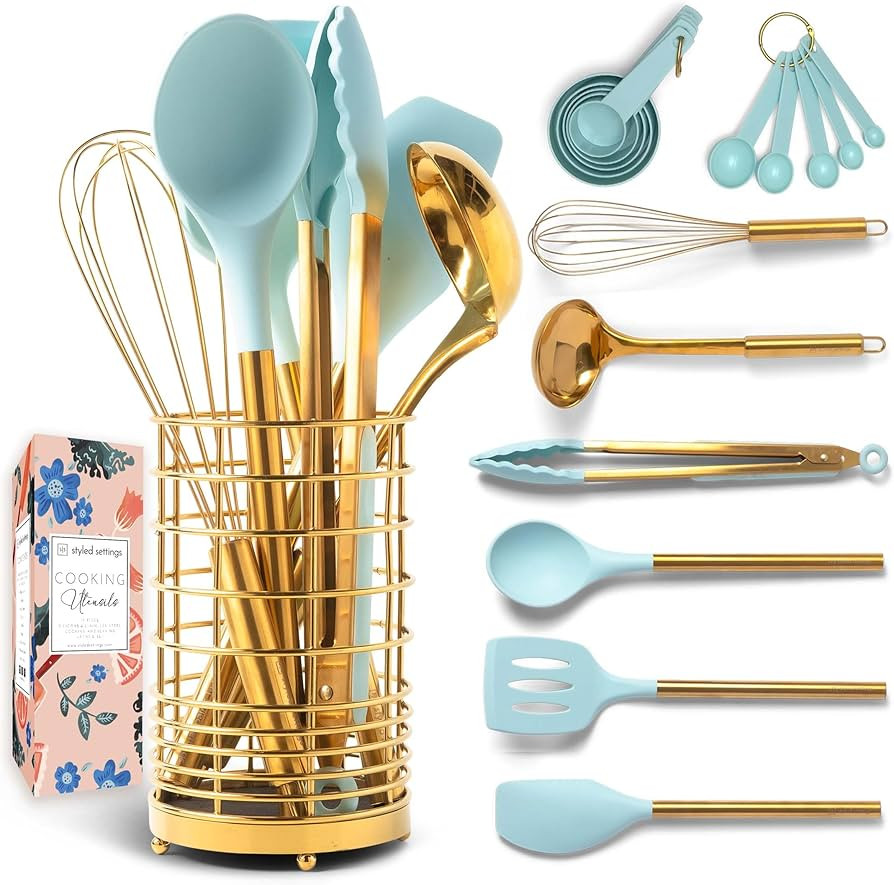 Teal Kitchen Utensils Set with Holder - 17PC Teal & Gold Cooking Utensils for Nonstick Cookware I... | Amazon (US)