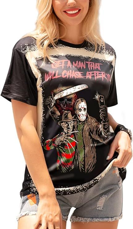 Halloween Shirt for Women Horror Scary Movies Squad Bleached Novelty Funny Fan Gift Graphic Short... | Amazon (US)