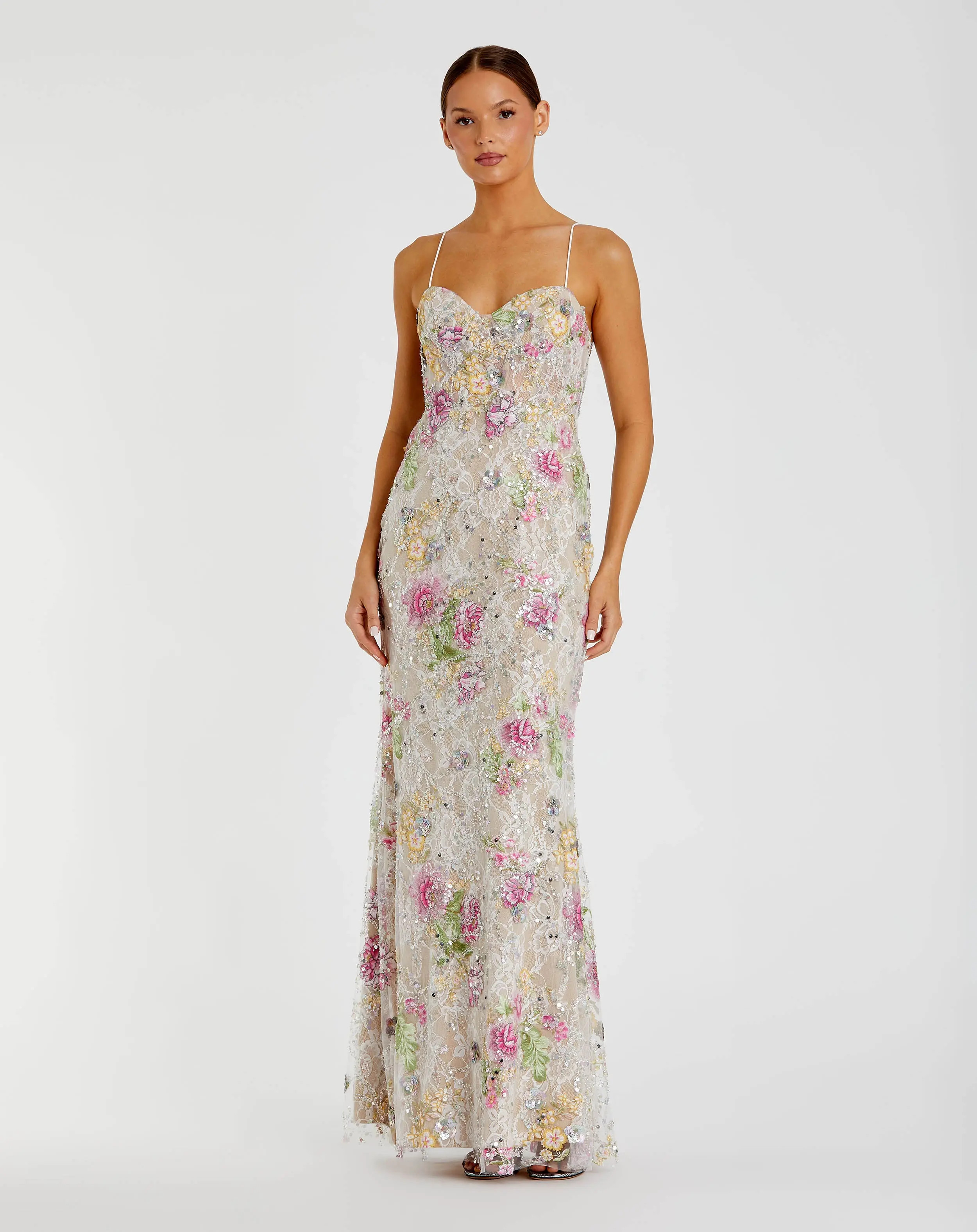 Multicolor Embellished Bustier Floral Trumpet Gown | Mac Duggal | Mac Duggal