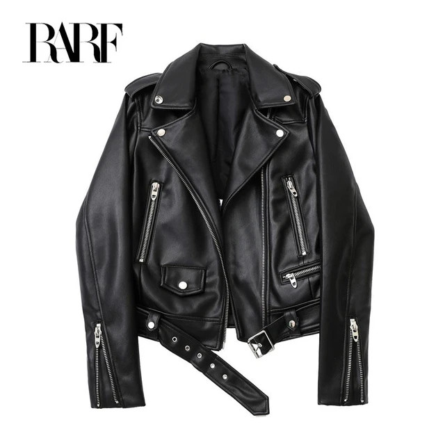 RARF-Jaqueta de couro PU com cinto feminino, lapela de motocicleta, zíper preto, jaqueta de moto... | Aliexpress BR (BR)