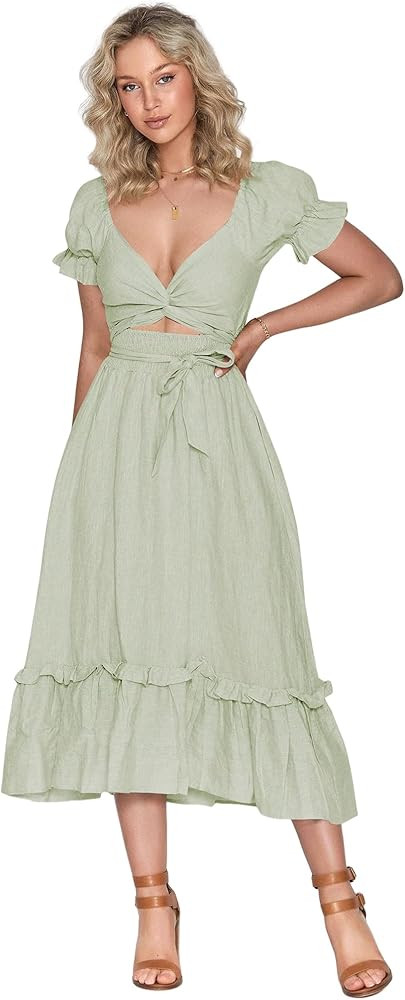 ZAFUL 2023 Boho Maxi Dress for Women A Line Tie Waist Summer Dress Deep V Neck Smocked Wrap Dress | Amazon (US)