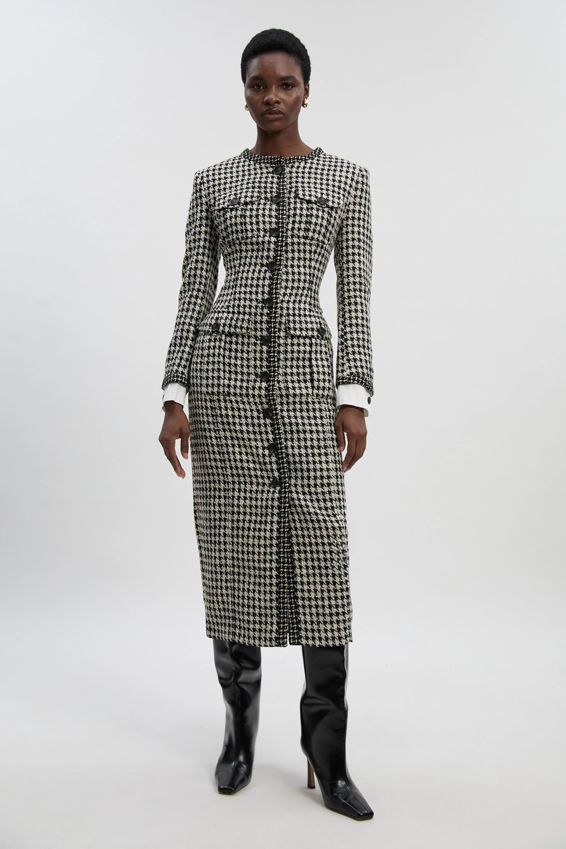 Petite Tailored Check Contrast Sleeve Pocket Front Midi Dress | Karen Millen | Karen Millen UK + IE + DE + NL