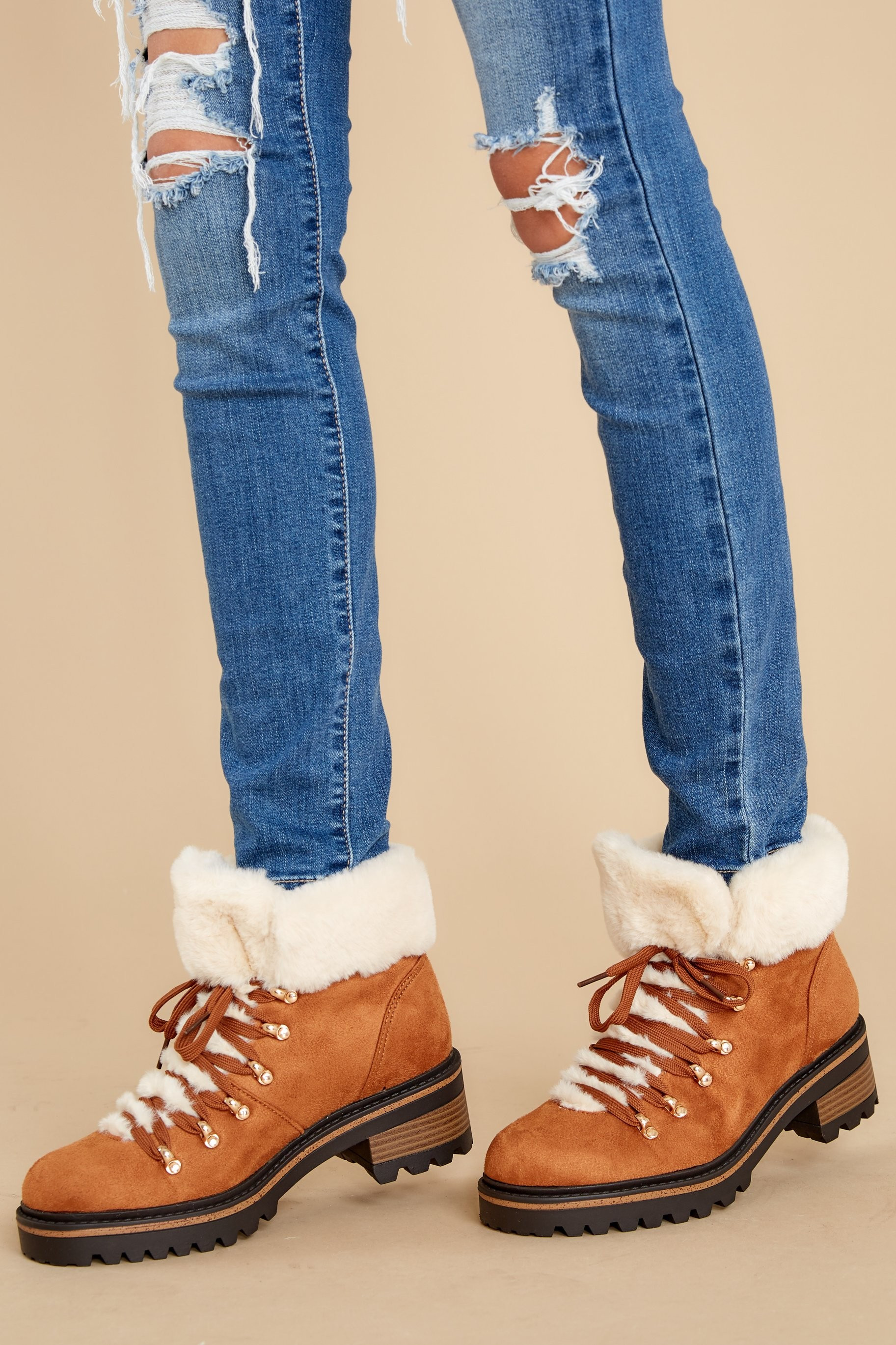 Crushed It Camel Vegan Fur Boots Brown | Red Dress 