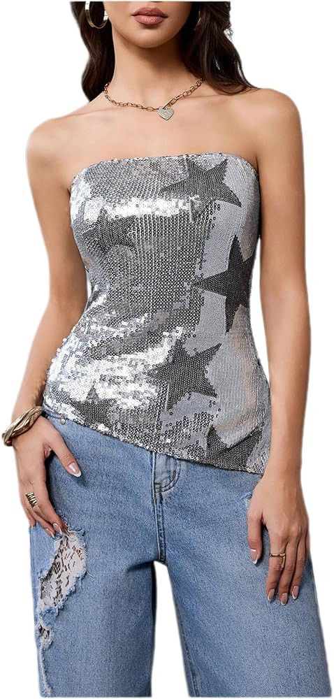 WDIRARA Women's Sparkle Sequin Tube Top Strapless Asymmetrical Bandeau Tops Party Rave Clubwear | Amazon (US)