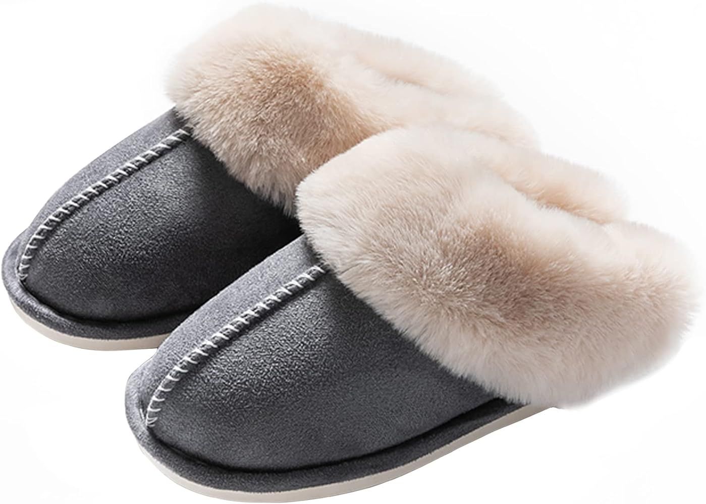 Women's Fur Slippers Slip on Fluffy Warm Soft House Slippers, House Shoes by WATMAID, Dark Grey, 7-7 | Amazon (US)