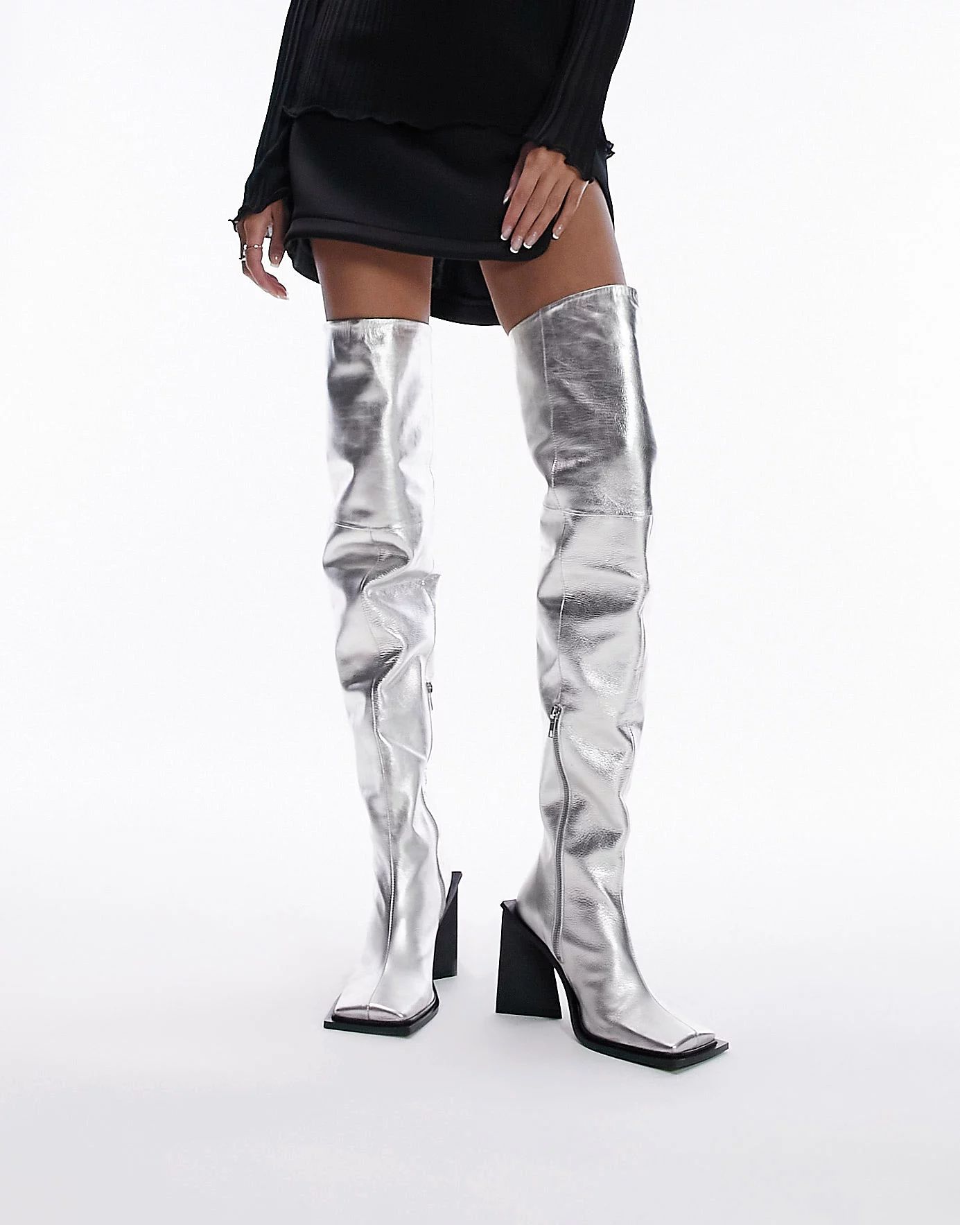 TOPSHOP LIMITED EDITION Freya premium leather thigh high square toe boots in silver | ASOS (Global)
