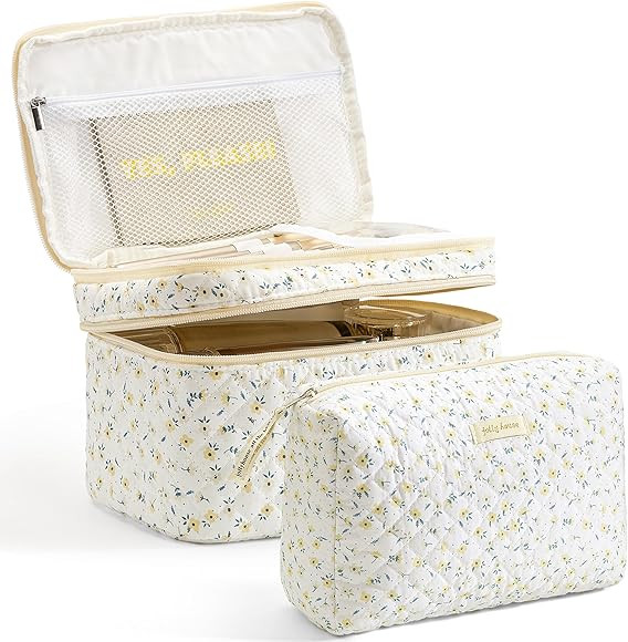 HBselect 2Pcs Double Layer Travel Makeup Bags - Cotton Quilted Coquette Kawaii Cherry Toiletry Ba... | Amazon (US)