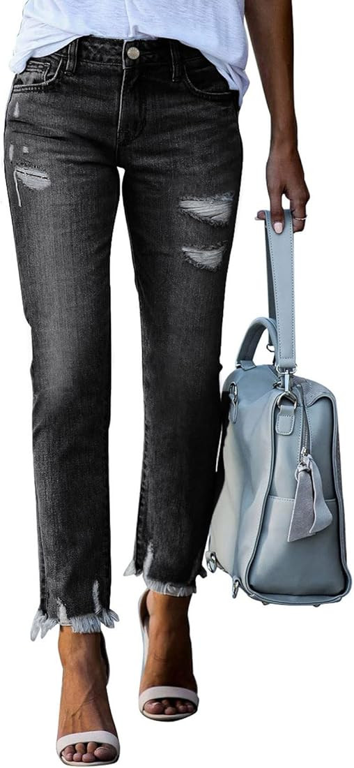 EVALESS Women Boyfriend Jeans Stretchy Ripped Distressed Straight Leg Denim Pants | Amazon (US)