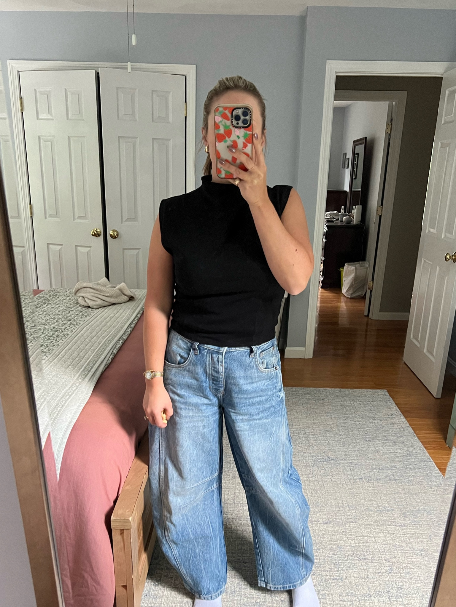 Anthropologie top, black mock neck top, sale top, barrel jeans, wide leg jeans, tank, sale, under 100, outfit under 100 dollars, watch, jewelry 

#LTKShoeCrush #LTKMidsize #LTKActive