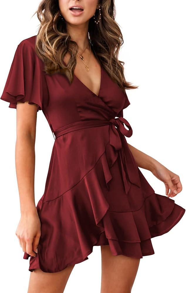 Amoretu Women Summer Dress Short Sleeve Ruffle Hem Dresses Wrap V Neck Sundress | Amazon (US)