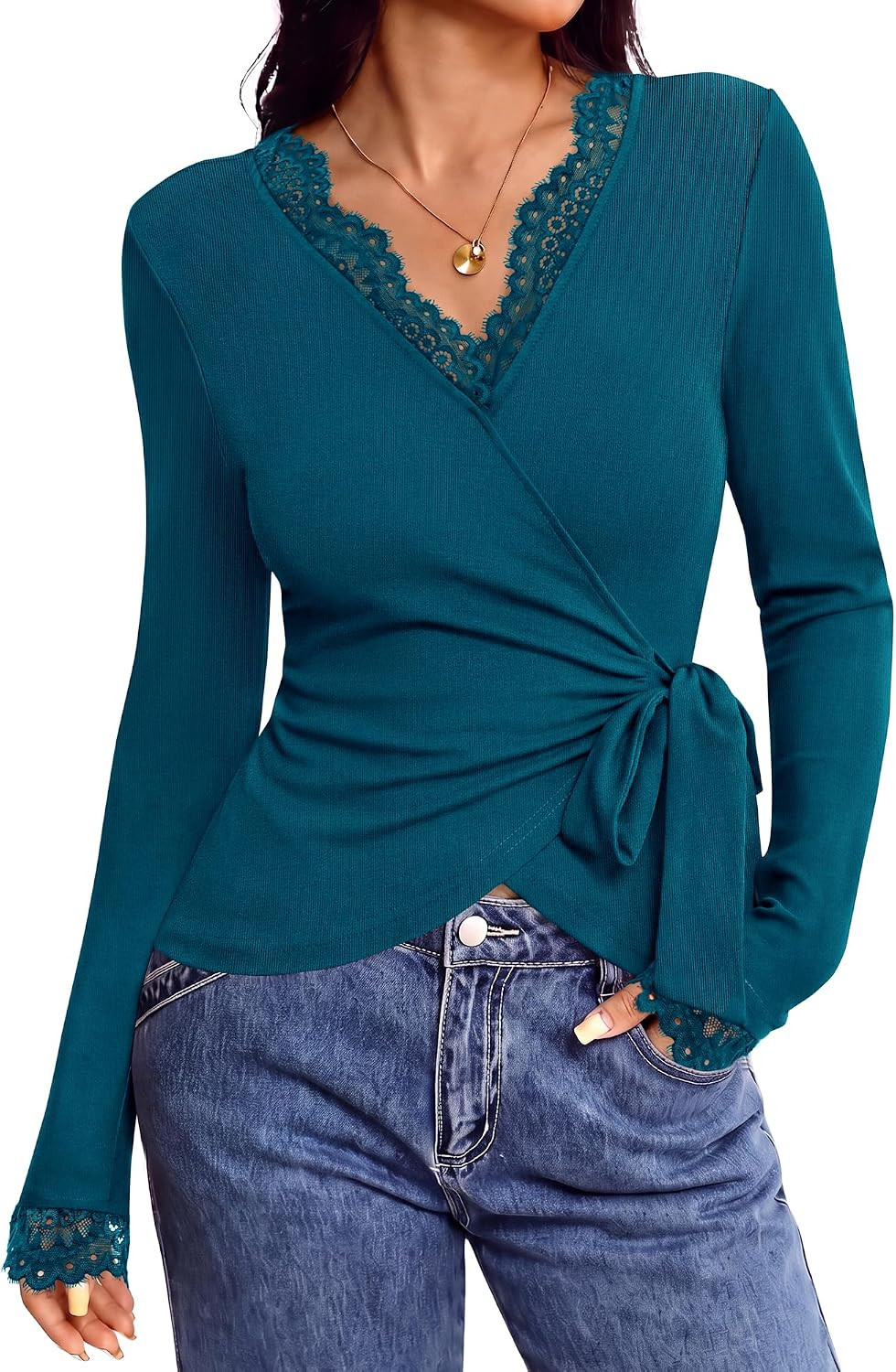BTFBM Womens Sexy Wrap Top Lace Long Sleeve Tops | Amazon (US)
