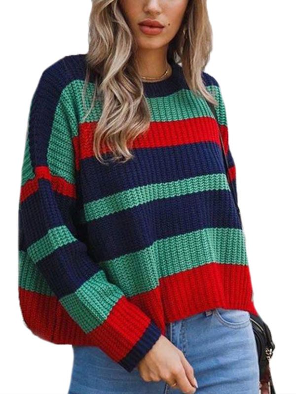 Women's Long Sleeve O-Neck Blouses Jumper Knitted Striped Pullover Tops Sweater | Walmart (US)