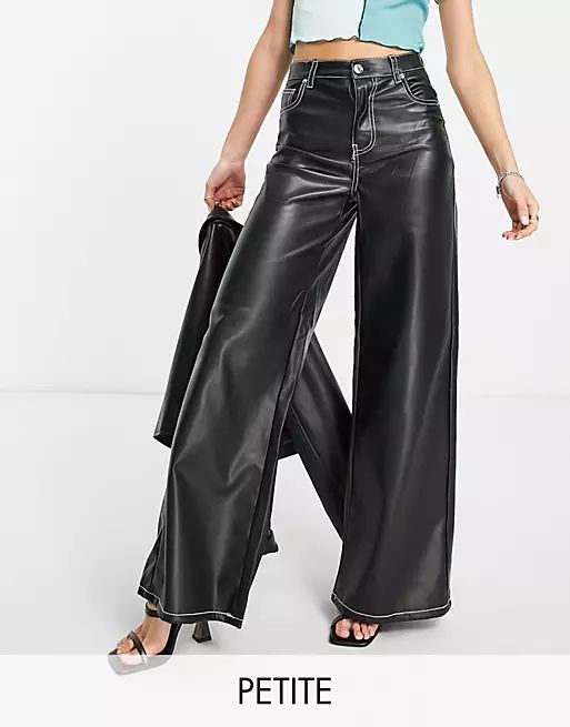Bershka Petite wide leg faux leather dad pant with contrast seam in black | ASOS | ASOS (Global)