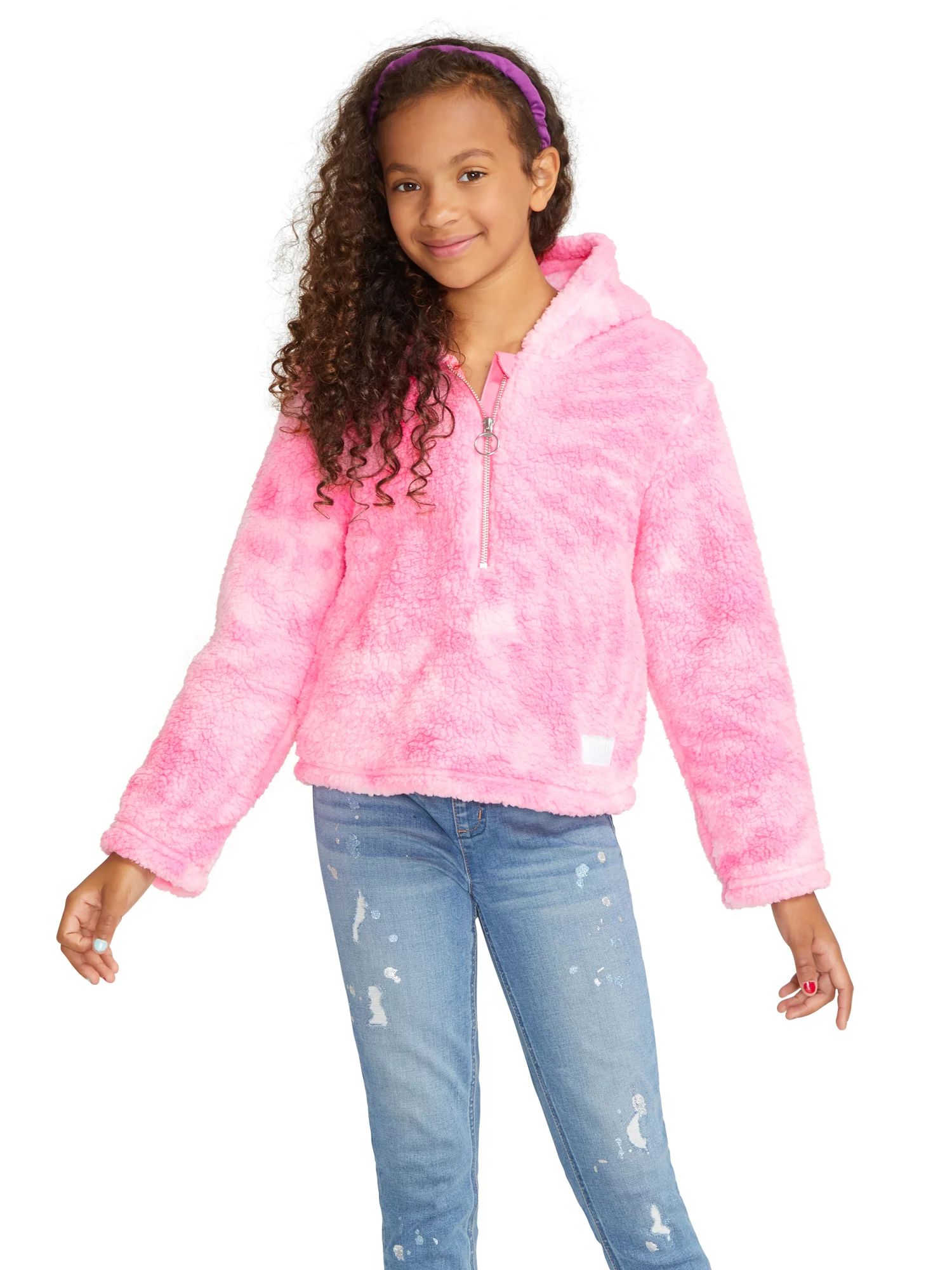 Justice Girls Faux Sherpa 1/4 Zip Pullover Jacket with Hood, Sizes 5-18 - Walmart.com | Walmart (US)