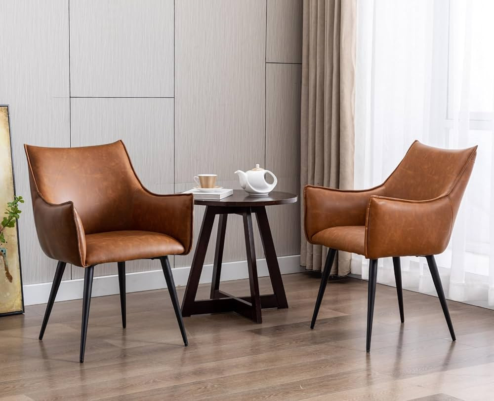 ZSARTS Brown Leather Dining Chairs Set of 2, Modern Accent Chairs with Arms Comfy Upholstered Sid... | Amazon (US)