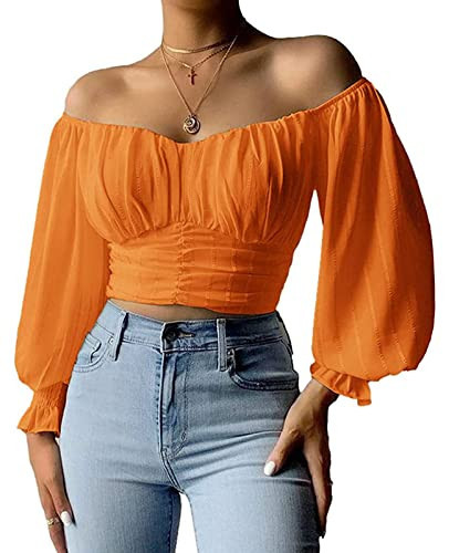 MIRACMODA Womens Elegant Off The Shoulder Puff Sleeve Blouse Summer Chiffon Slim Fit Party Crop Top Orange | Amazon (US)