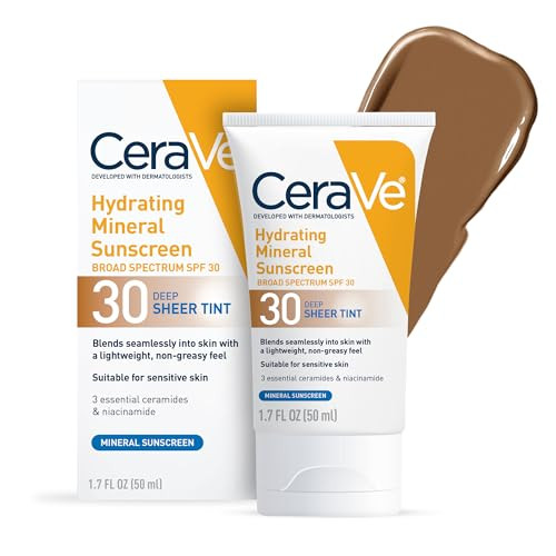 CeraVe Hydrating Mineral Sunscreen SPF 30 with Sheer Tint, Tinted Mineral Sunscreen with Zinc Oxide & Titanium Dioxide, Blends Seamlessly For Healthy Glow, Deep, 1.7 Oz | Amazon (US)