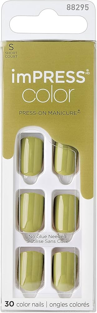 KISS Impress Color No Glue Mani 30 Pcs Press on Nails, Olive Green, Short Size, Squoval Shape, Si... | Amazon (US)