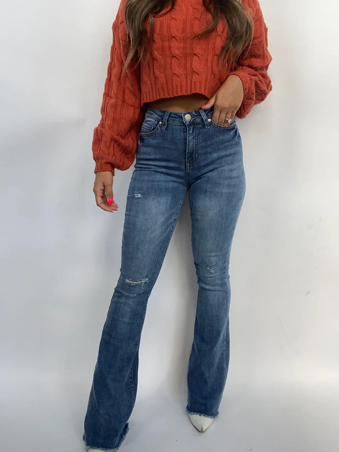 Sarah Distressed Medium Wash Flares | Willow Boutique