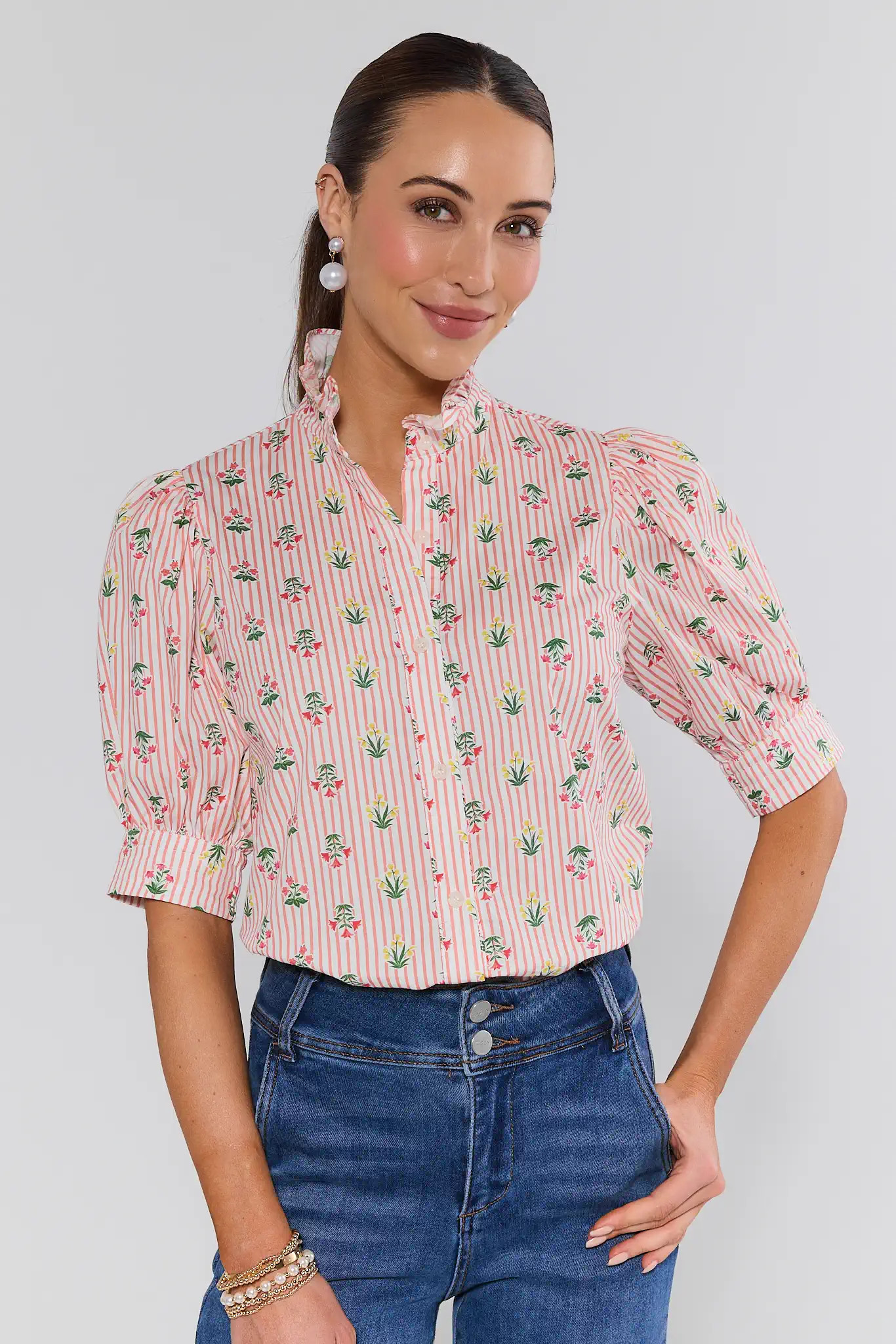 Vivian Pink Striped Floral Print Top | Avara