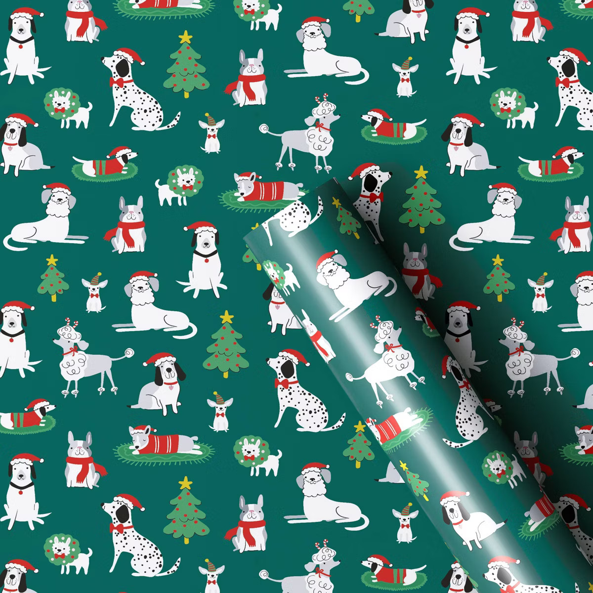 30" 50 sq ft Christmas Roll Wrap Illustrated Dogs on Green - Wondershop™ | Target