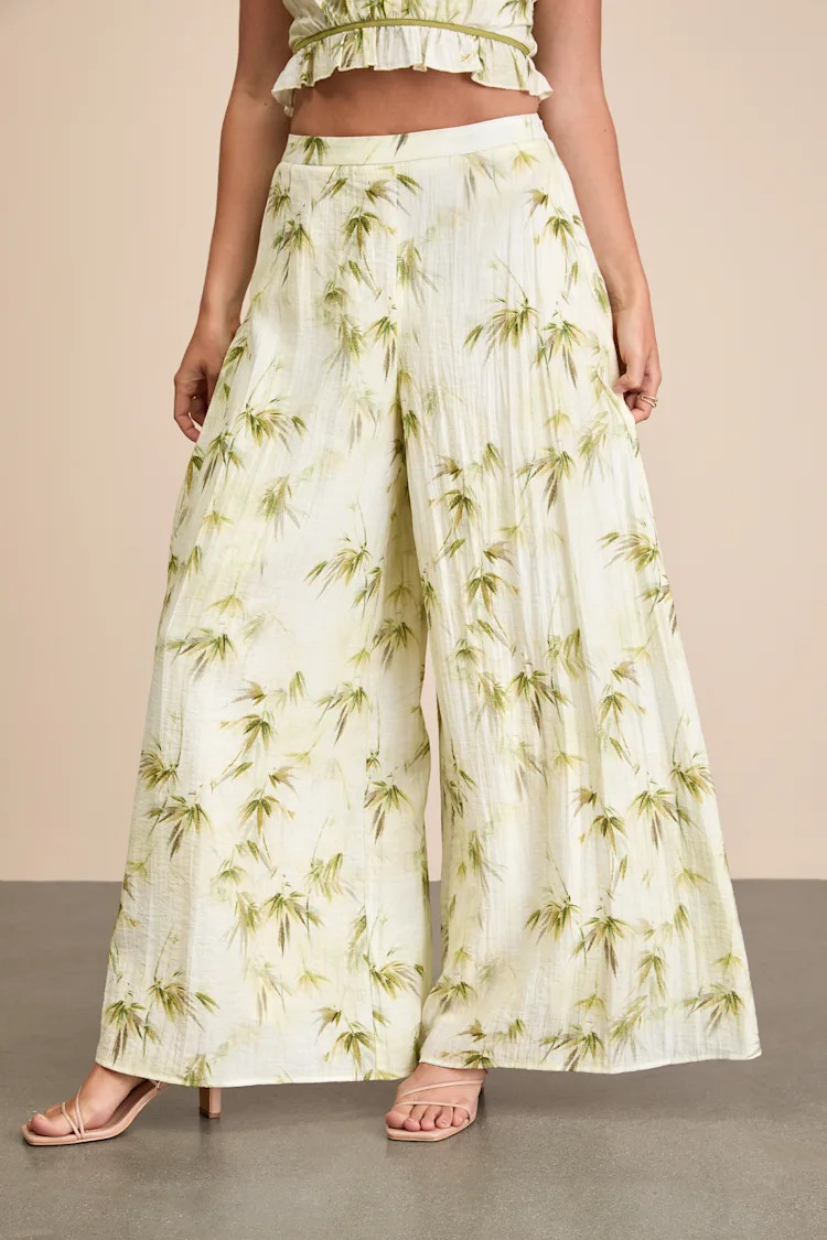Alvima Beige Multi Leaf Print Wide-Leg Pants | Lulus