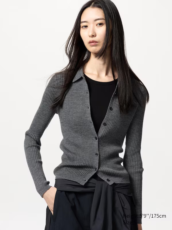 Merinowolle Strickjacke (gerippt, Polokragen) | UNIQLO (DE)