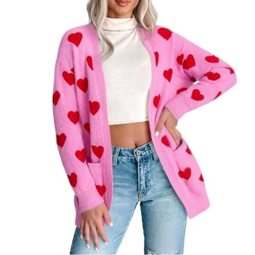 Women's Heart Knit Cardigan Valentines Long Sleeve Open Front Knitted Sweater Fall Spring Coat Tops Outwear (Rose Red, M) | Amazon (US)