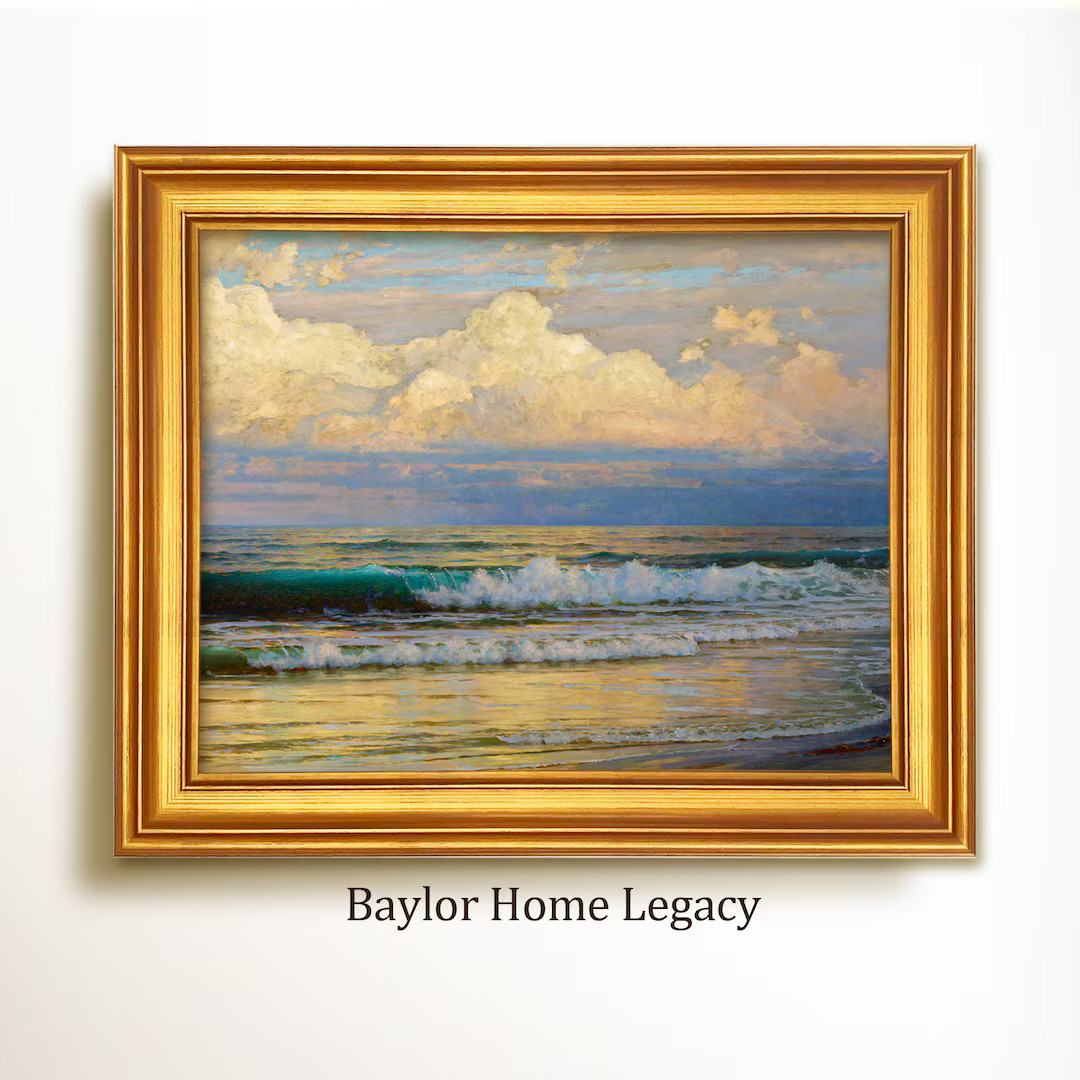 Framed Ocean Oil Painting Print on Canvas, Vintage Ocean Waves and Cloudy Sky Wall Art, Waves and... | Etsy (US)