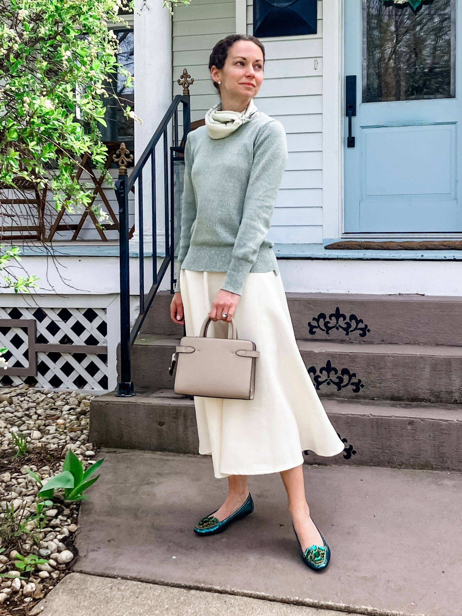 Spring church outfit!
Silk scarf is vintage, linking similar. 
Mint green sweater is old from Madewell, linking similar. 
Cream midi skirt from Chicwish. 
Leather handbag from Le Tanneur. 
Green jewel flats are vintage Prada, linking similar. 
Diamond stud earrings from Amazon. 
Eternity band ring from Amazon. 
Church outfit. Petite outfit. Spring outfit. Modest outfit. 

#LTKdayinmylife #LTKOver40 #LTKgrwm