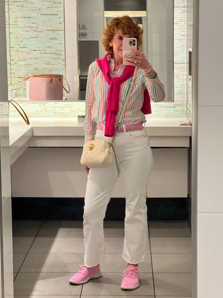 Travel look with this fun striped shirt and a pink pullover to keep me warm, white raw edge wide leg high waist jeans (take 15% off with code SUZY15). Finished off with pink leather belt, pink sneakers and bracelet stack.