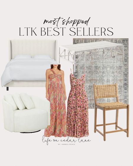 Best sellers in home decor plus some summer dresses / maxi dresses! Featuring the Tilly upholstered bed frame, white swivel chair from Walmart, my dining room rug from loloi, my Serena and Lily coffee table, and my worldmarket kitchen counter stools!

#LTKfindsunder100 #LTKstyletip #LTKhome