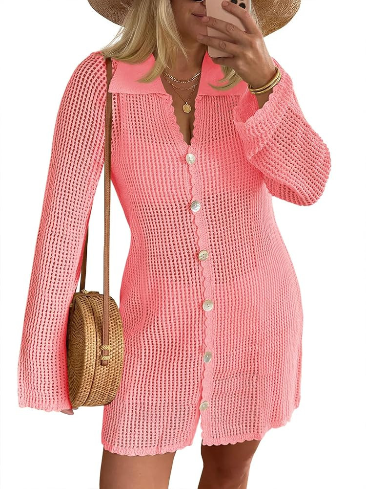 Saodimallsu Womens Crochet Swimsuit Coverup Button Down Long Sleeve Cardigan Mini Dress Beach Cov... | Amazon (US)